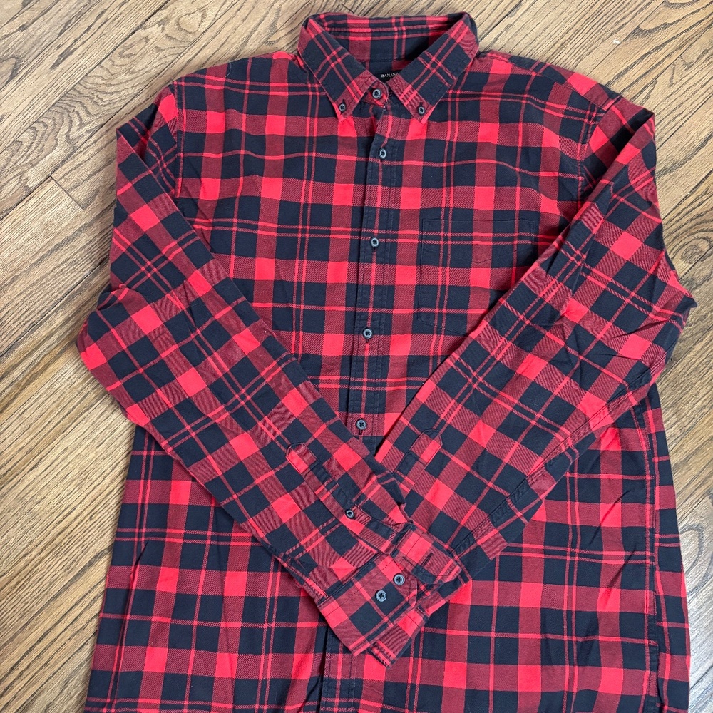 Banana Republic Luxe Flannel Shirt - Untucked Buffalo Check Red (XL Tall)